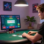 Engaged user playing online poker at home with open88ss gaming interface, showcasing focused gameplay.