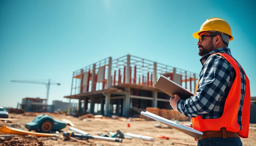 Dynamic scene of New Jersey General Contractor leading a construction project with safety gear and plans.