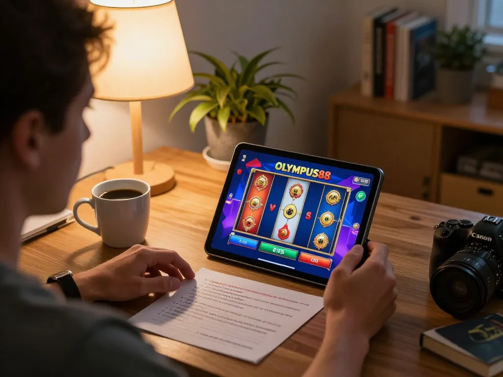 OLYMPUS88 player engaging in online slot game on tablet in cozy home setting