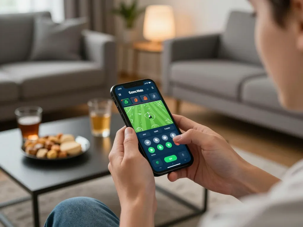 Person placing a bet on XO88 sports app, showcasing strategic online gambling at home.