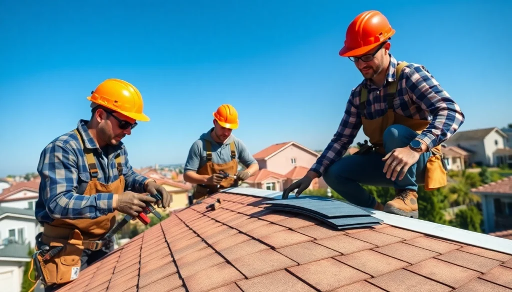 Roofing company team expertly installing shingles on a suburban home.