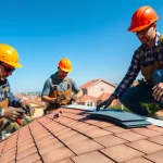Roofing company team expertly installing shingles on a suburban home.