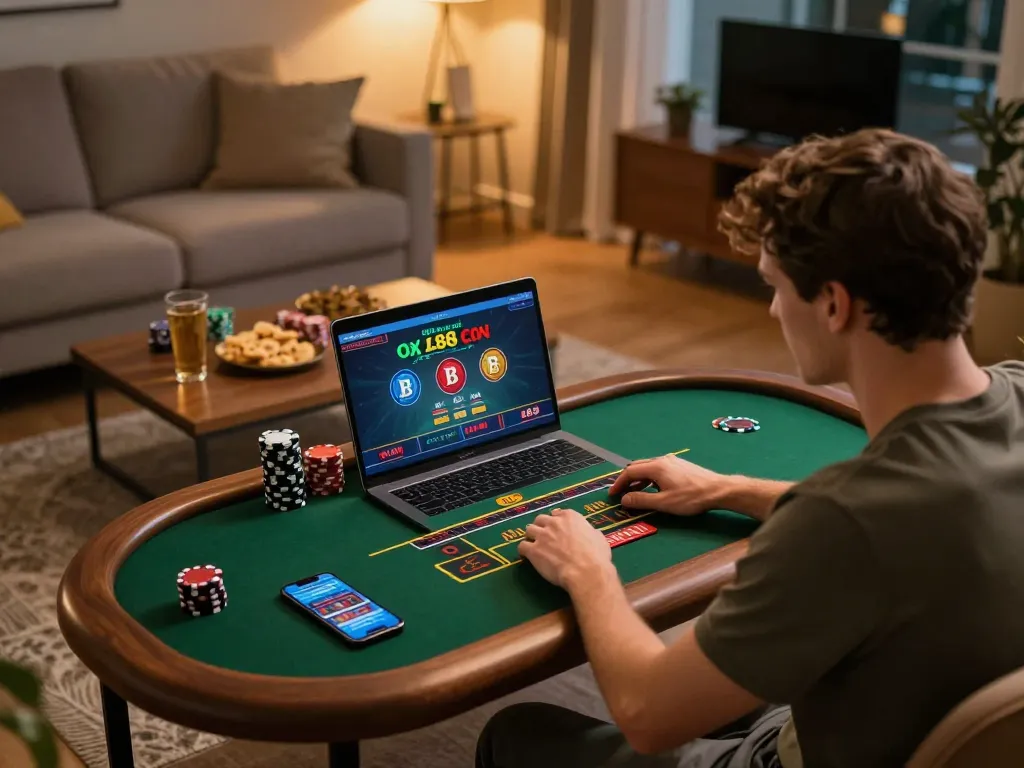 User engaging in a live dealer game on dh88 com from a cozy home setup with snacks and drinks.