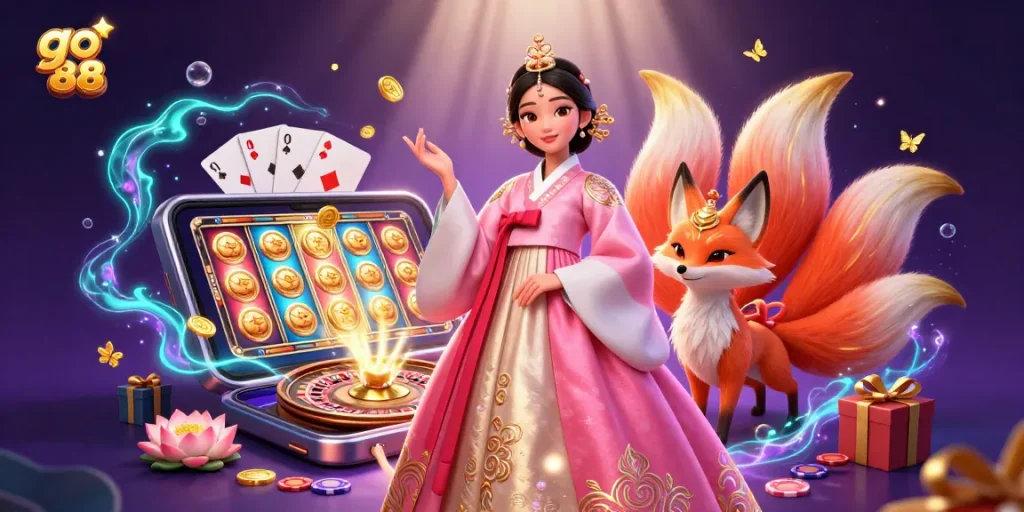 Play exciting games at go 88, featuring vibrant illustrations of a lucky fox with casino elements.