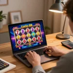 Play Lucky88 slots on a laptop in a cozy home office, enhancing your gaming experience.