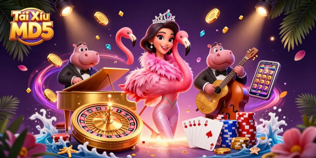 Engage in thrilling Tài Xỉu MD5 gameplay amidst vibrant casino elements and enchanting characters.