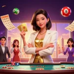 Engage with 888now through a vibrant casino scene showcasing an elegant woman holding golden cards amidst a colorful display of gaming elements.