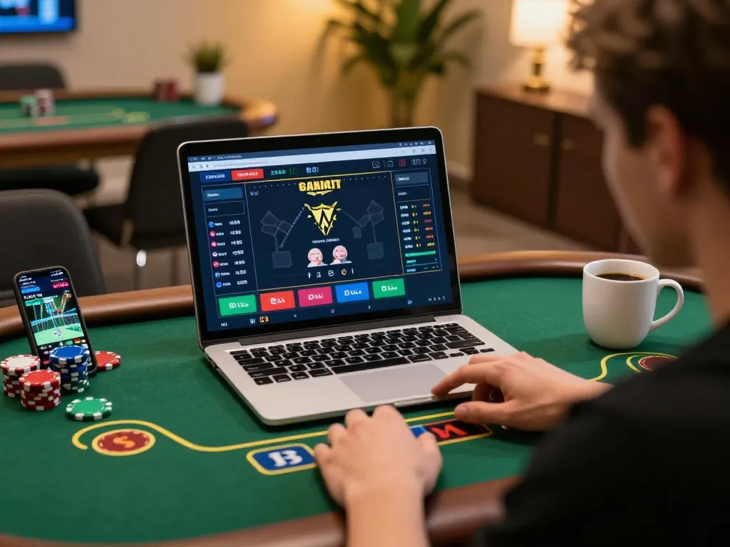 Engaged player strategizing poker gameplay on 789bet online platform from a cozy workspace