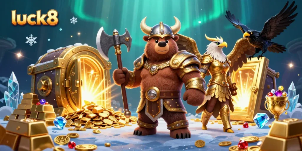 Engage with luck8's vibrant casino scene featuring an active Viking bear and Valkyrie.