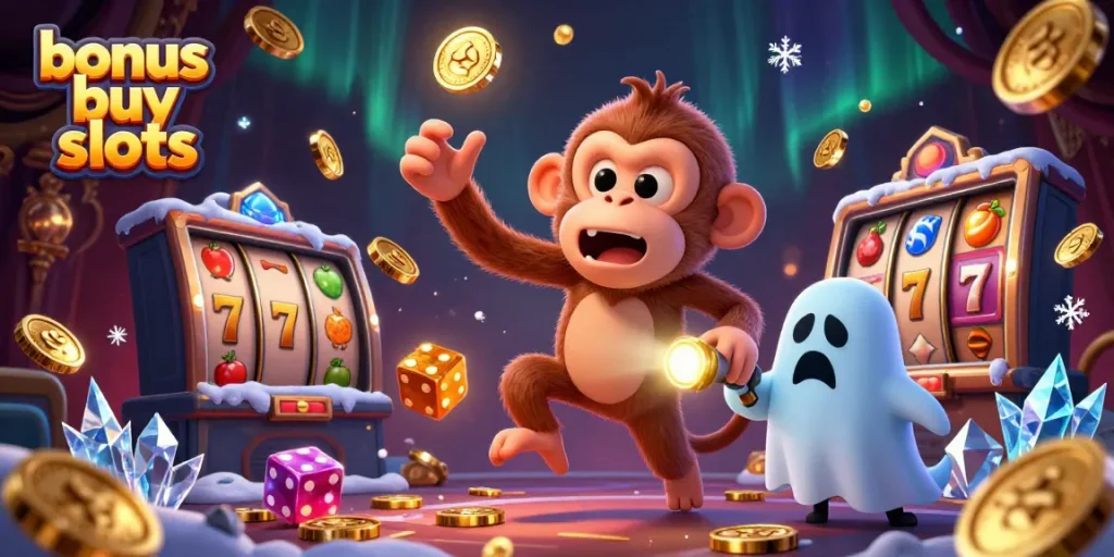 Engage in thrilling bonus buy slots action with a poltergeist monkey juggling gold coins and a curious puppy tracking in a haunted casino.