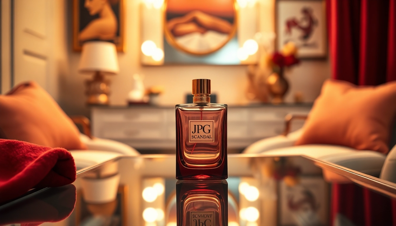 Captivating bottle of JPG Scandal elegantly displayed on a glass table. related image
