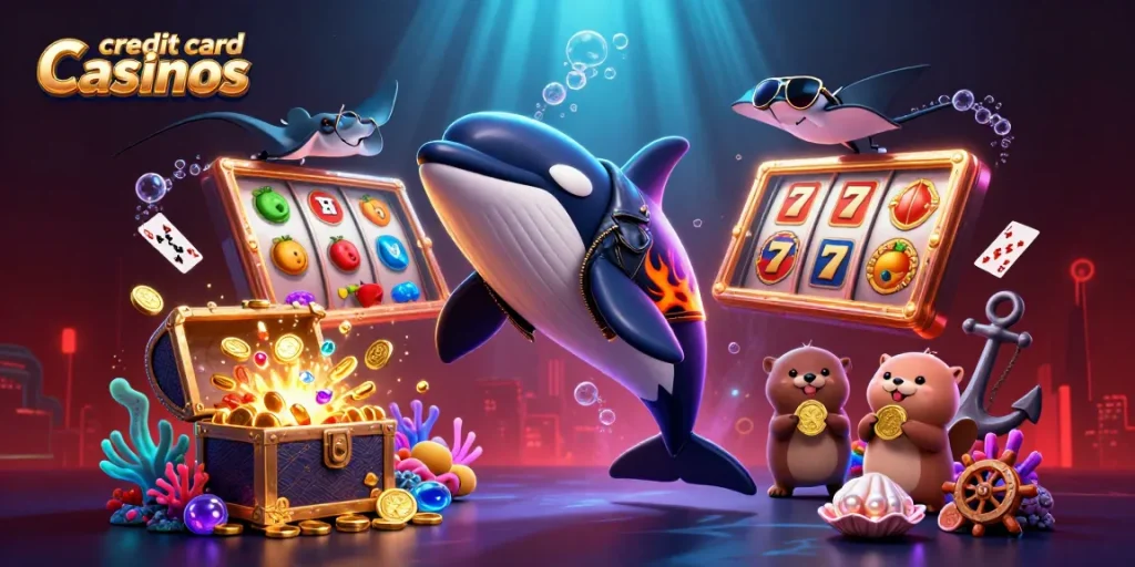 Experience thrilling gameplay at credit card casinos featuring vibrant sea creatures and slot elements.