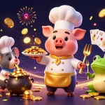 Engage with taixiumd5's vibrant casino world as a chef pig serves golden coins among dazzling games and excitement.