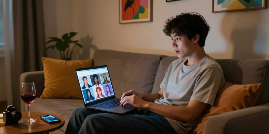 Engaging with NSFW AI chat platform on a laptop, showcasing avatars in a cozy living room.