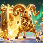 Sunwin players enjoying a thrilling casino adventure with a golden ram charging towards treasures and jackpots.