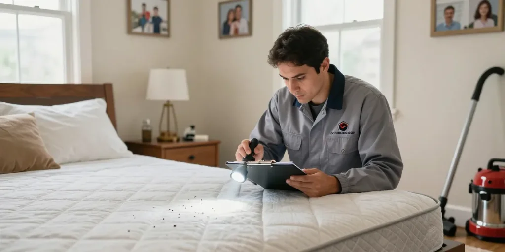 Bed bug exterminators inspecting a bedroom for pests with attention to detail, ensuring effective treatment.
