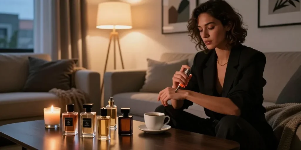 A stylish individual enjoying Razaouge 540 luxury perfume in a chic urban setting