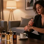 A stylish individual enjoying Razaouge 540 luxury perfume in a chic urban setting