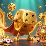 Engage with kèo nhà cái strategies featuring a lively golden dice golem juggling, surrounded by treasure.