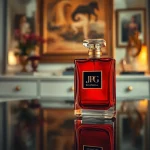Captivating bottle of JPG Scandal elegantly displayed on a glass table.