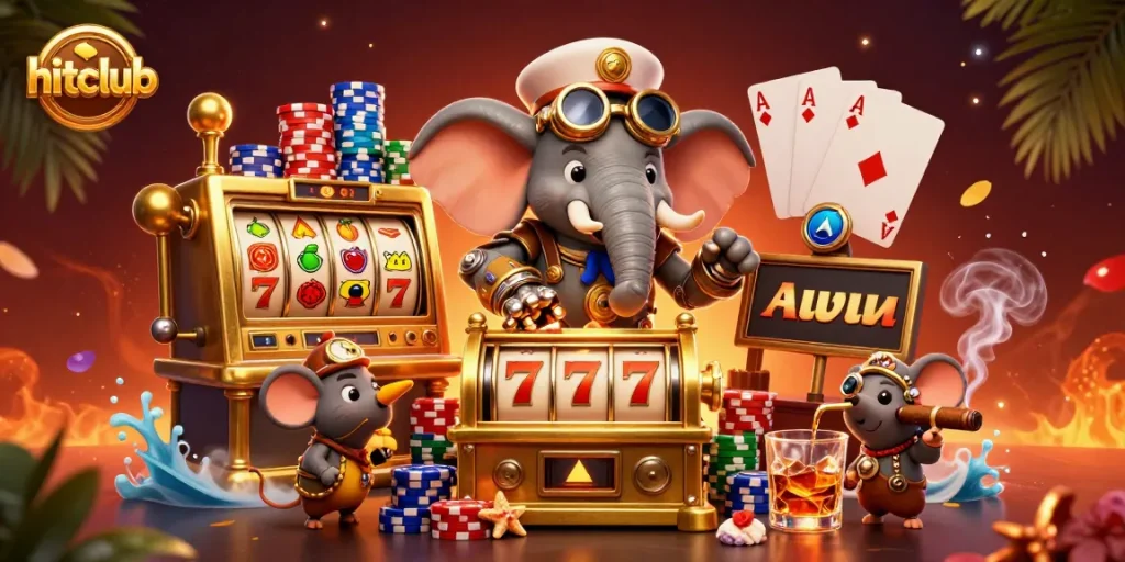 hitclub showcases a lively scene with a steampunk elephant engineer operating a slot machine amidst colorful casino elements.