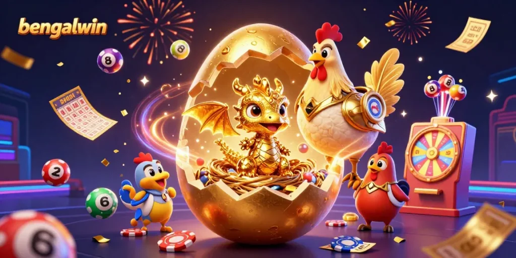 Bengalwin's vibrant online casino scene features a golden dragon amidst poker chips and lottery elements.