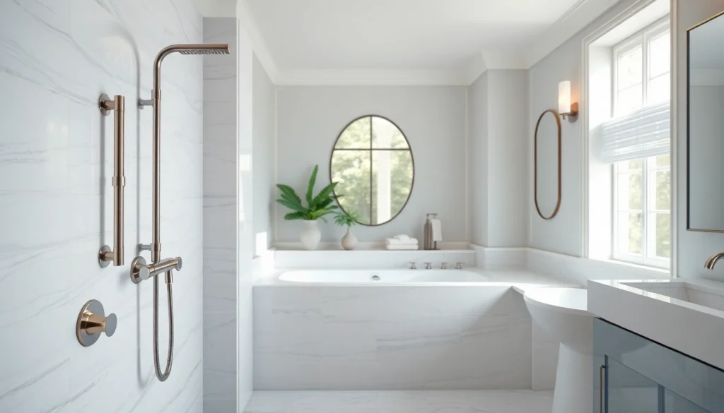 Experience elegant showers in a lavish bathroom, featuring sleek design and shining fixtures.