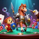Experience LUCK8's gambling world with knights, poker elements, and a vibrant casino scene.