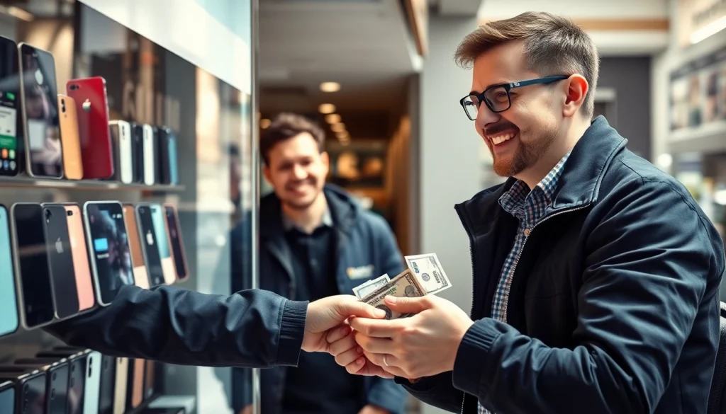 Sell Phone Cash Benton AR with a happy exchange in a smartphone trade-in shop.