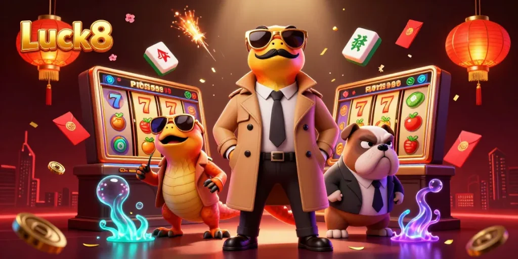 Experience winning at Luck8 with vibrant slot reels and a VIP casino scene featuring animated characters.