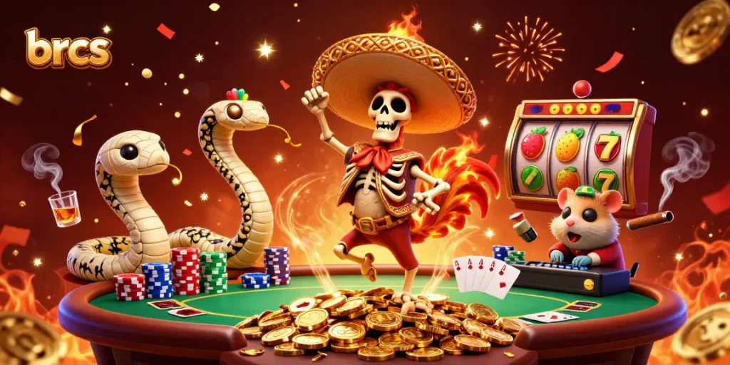 Engaging brcs scene showcasing a vibrant casino atmosphere with a skeleton rooster, mummy snake, and a hamster DJ.