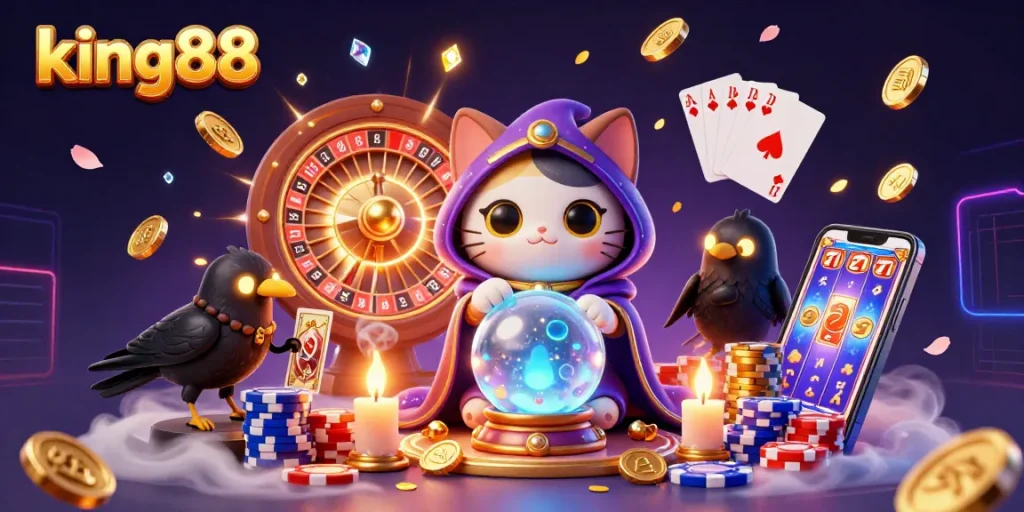 Engage in thrilling gaming at king88 with vibrant illustrations of mystic characters and casino elements.