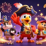 Thabet pirate scene with a parrot captain, bulldog mate, and coins symbolizing chance and luck.