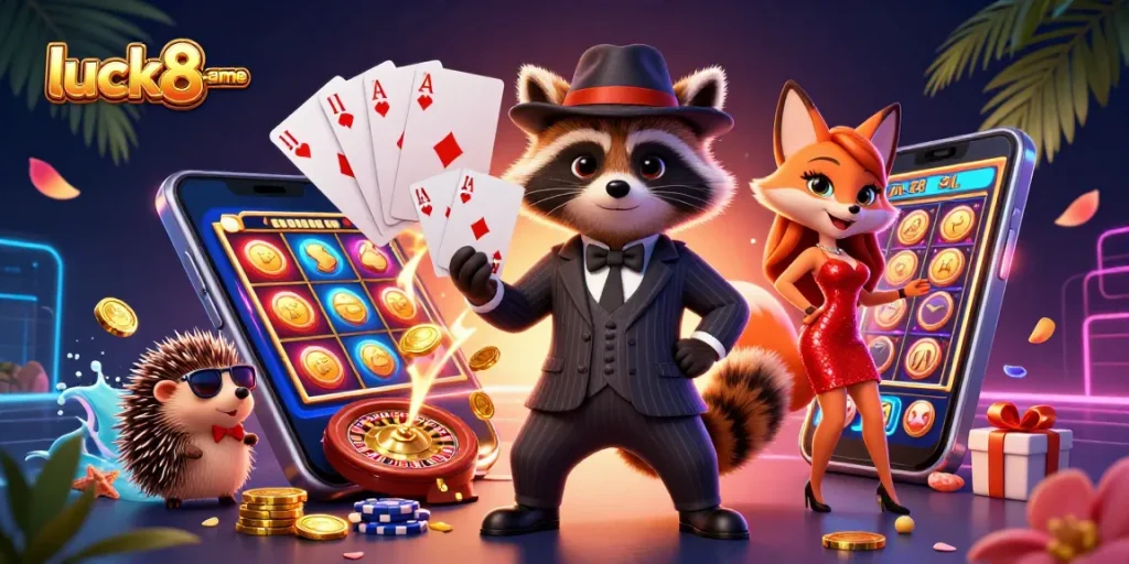 Experience luck8-game excitement with an engaging casino scene featuring cheerful characters and vibrant casino elements.