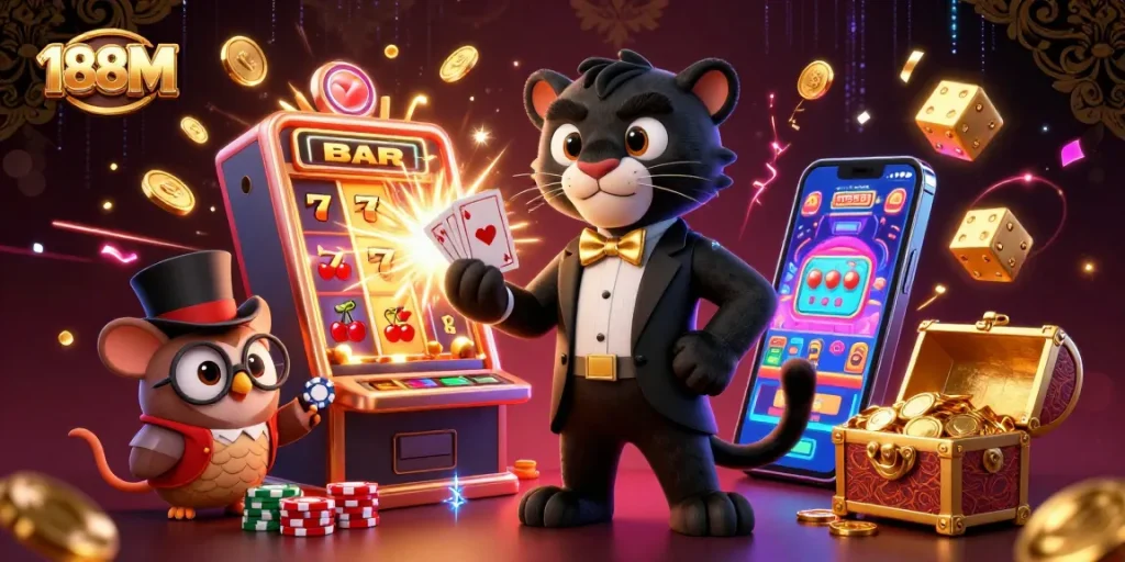 Experience the thrill at 188M casino with a stylish panther, owl, and lucky mouse amid vibrant slot and card games