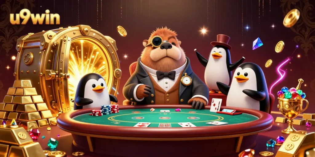Join the fun at u9win featuring a jolly walrus, poker table, and treasure-filled backdrop.
