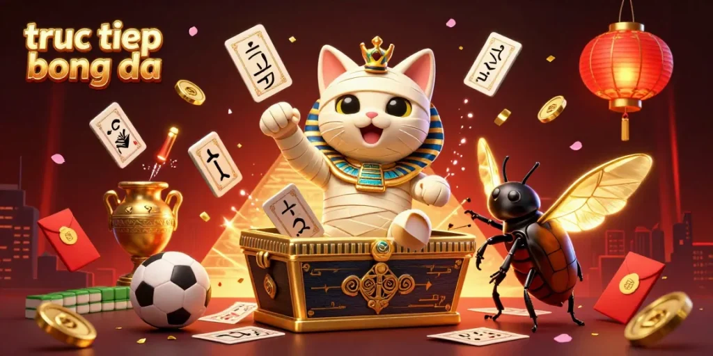 Engage in the exciting world of truc tiep bong da alongside a captivating mummy cat and scarab in a vibrant sports betting scene.