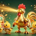 Experience a lively scene with aisa.org.uk lists the best credit card casinos for UK players featuring a futuristic golden rooster robot.