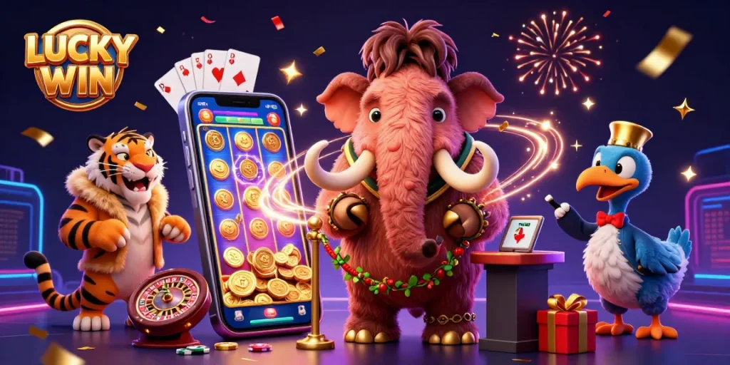 Enhance your gaming at LUCKY WIN with a vibrant casino scene featuring 3D cartoon characters.