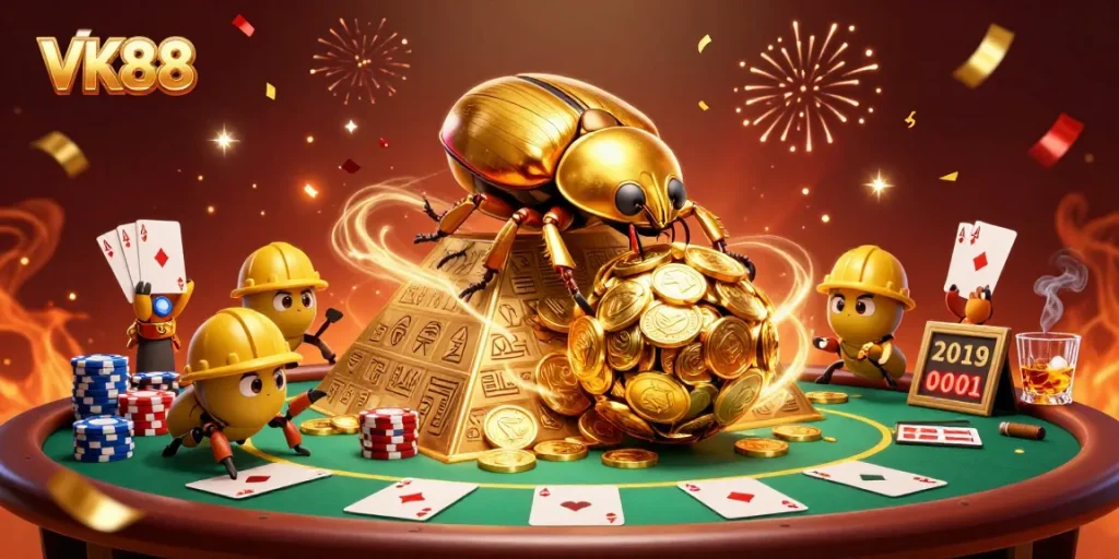 Experience the excitement of VK88 with golden coin rolls and dynamic casino scenes.