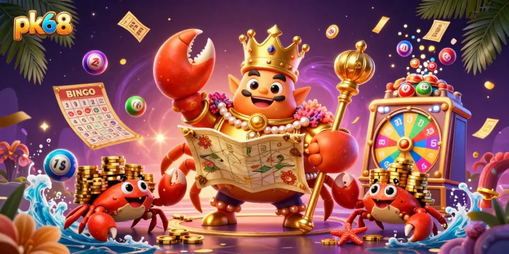 Experience thrilling lottery action with pk68 as colorful balls and golden prizes bounce around in a vibrant casino scene.