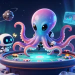 Engage with 123bet at a cosmic poker table, featuring alien octopus and cryptocurrency elements.