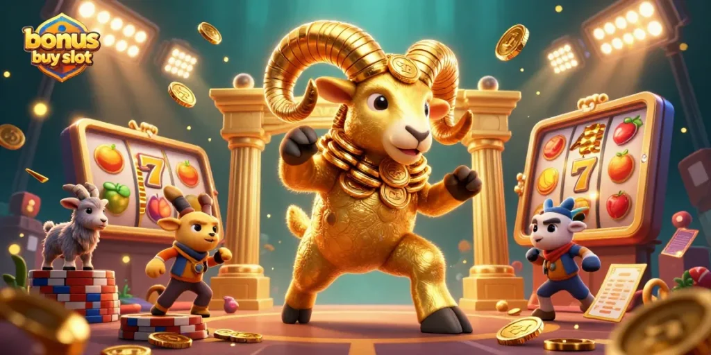 Engage in thrilling gameplay with a bonus buy slot featuring exciting slot reels, trophy cup, and gold coins.
