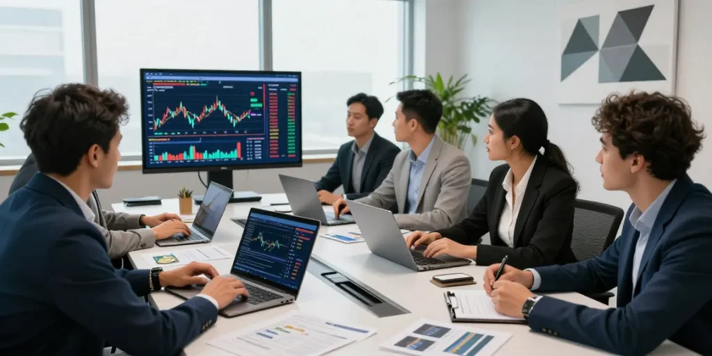 Investors at a conference discussing strategies to buy BRICS coins in a modern office setting.