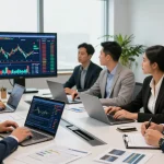 Investors at a conference discussing strategies to buy BRICS coins in a modern office setting.