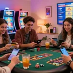 Exciting gaming session at credit card casinos at scoarch.org.uk, friends playing slots and card games with mobile devices in cozy living room.