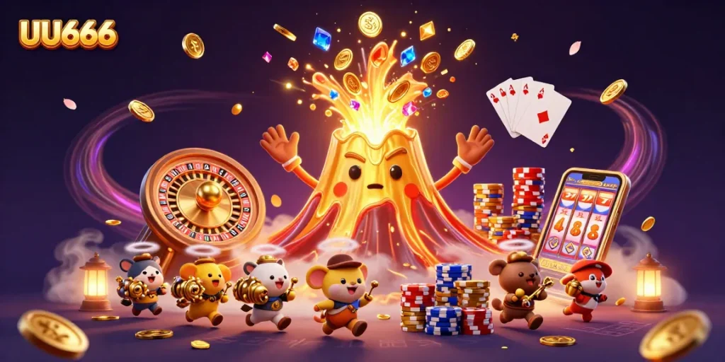 Join the action at UU666 with thrilling gold coins and rewards erupting from the volcano in this animated landscape.