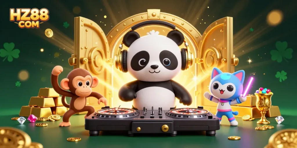 Engage in thrilling gaming adventures at HZ88 COM with vibrant 3D illustrations of lively characters and precious gems.