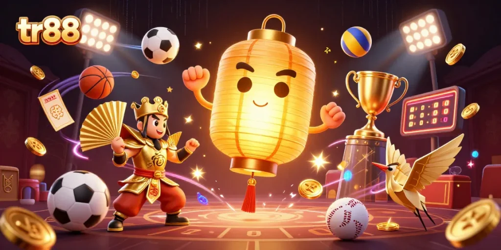 Experience the excitement of tr88 casino with vibrant characters and sports elements in a dynamic illustration.
