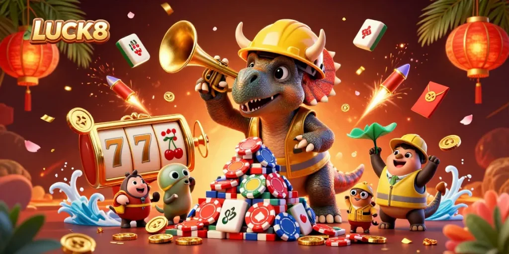 Experience the excitement of LUCK8 with a vibrant 3D casino scene showcasing dynamic characters and festive elements.